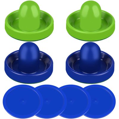 ONE250 Air Hockey Pushers and Blue Air Hockey Pucks, Goal Handles Paddles Replacement Accessories for Game Tables (4 Striker, 4 Puck Pack) (Blue & Green)