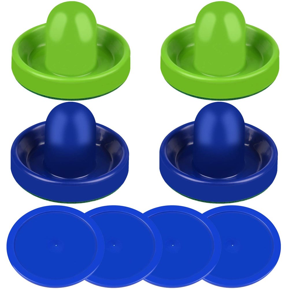 ONE250 Air Hockey Pushers and Blue Air Hockey Pucks, Goal Handles Paddles Replacement Accessories for Game Tables (4 Striker, 4 Puck Pack) (Blue & Green)