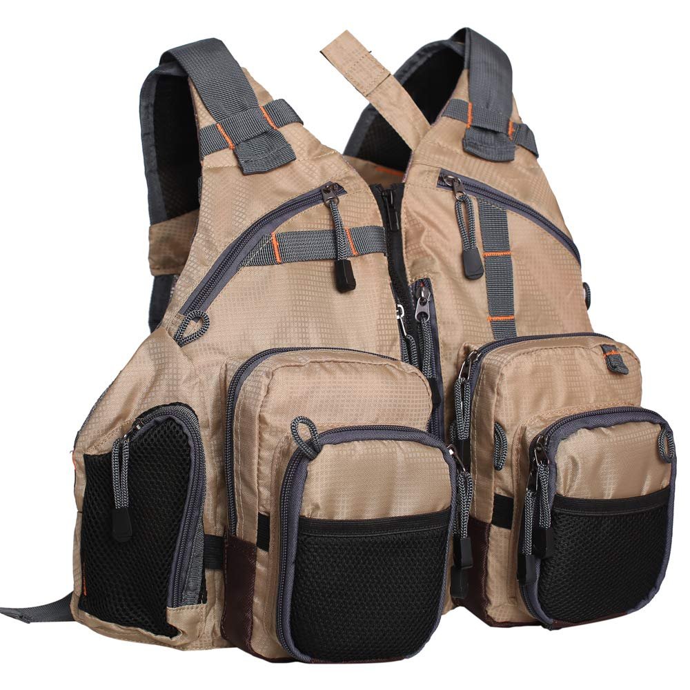 Waxaya Lightweight Fly Fishing Vest with Multi Pockets Adjustable Size Mesh Fishing Backpack for Men and Women (Khaki)