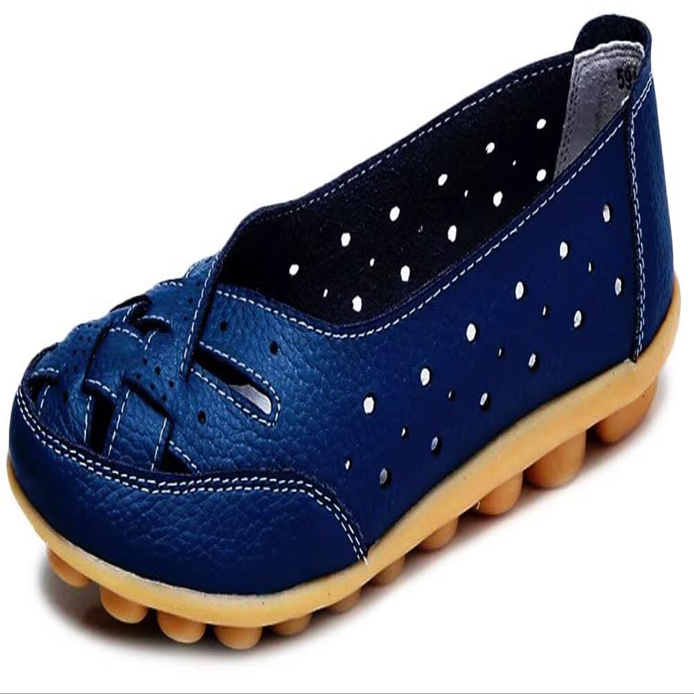 Fangsto Women's Cowhide Leather Shoes Loafers Flats Sandals Slip-On Cutout US Size 10 Med. Navy Blue