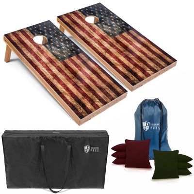 Tailgating Pros Rustic American Flag Cornhole Boards w/Bean Bags - 4'x2' Distressed Flag Cornhole Game w/Carrying Case & Corn Hole Bags