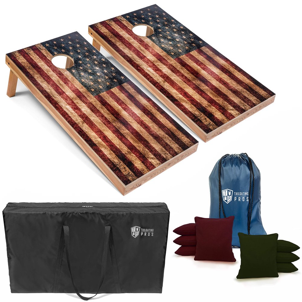 Tailgating Pros Rustic American Flag Cornhole Boards w/Bean Bags - 4'x2' Distressed Flag Cornhole Game w/Carrying Case & Corn Hole Bags