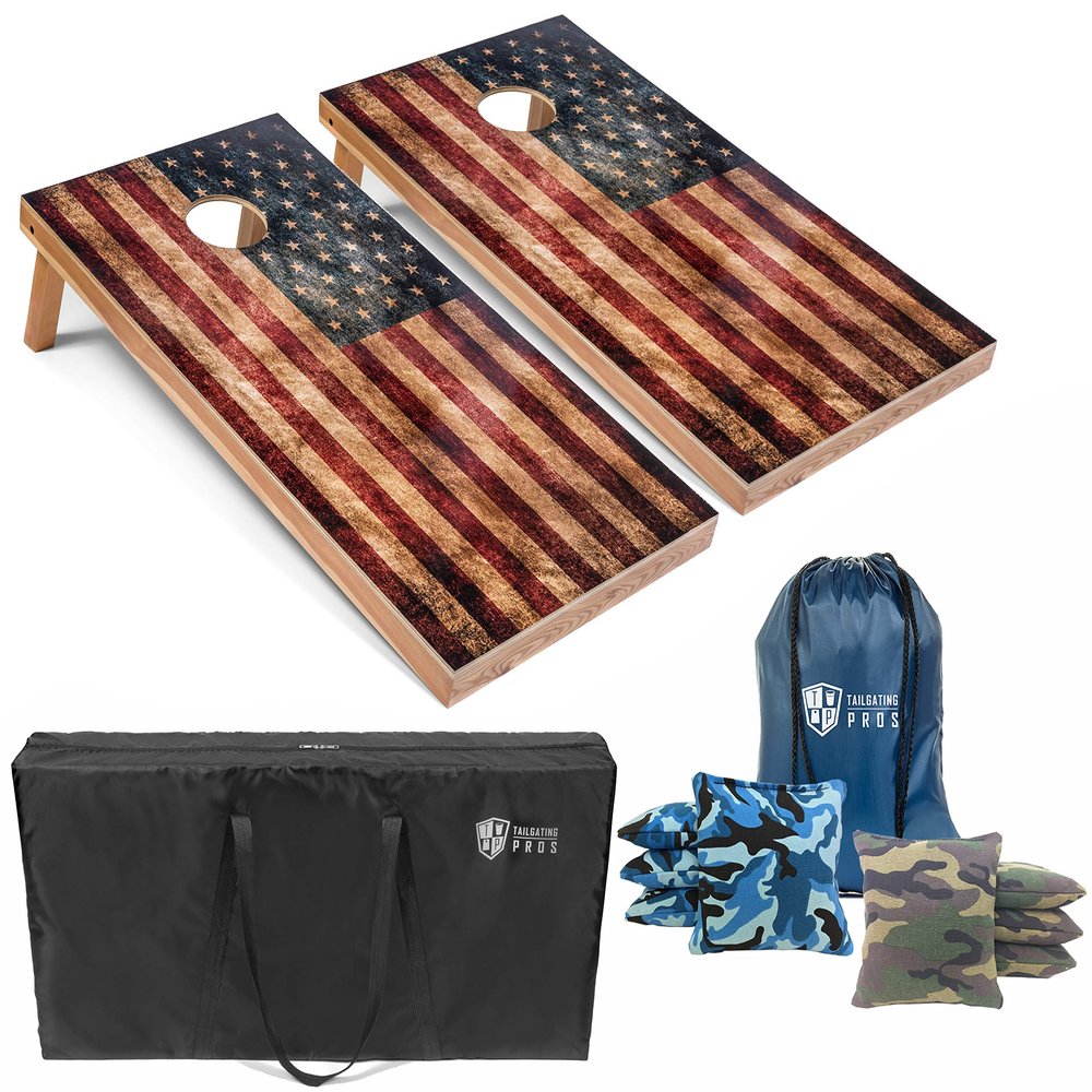 Tailgating Pros Rustic American Flag Cornhole Boards w/Bean Bags - 4'x2' Distressed Flag Cornhole Game w/Carrying Case & Corn Hole Bags