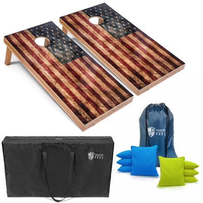 Tailgating Pros Rustic American Flag Cornhole Boards w/Bean Bags - 4'x2' Distressed Flag Cornhole Game w/Carrying Case & Corn Hole Bags