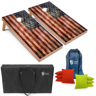 Tailgating Pros Rustic American Flag Cornhole Boards w/Bean Bags - 4'x2' Distressed Flag Cornhole Game w/Carrying Case & Corn Hole Bags