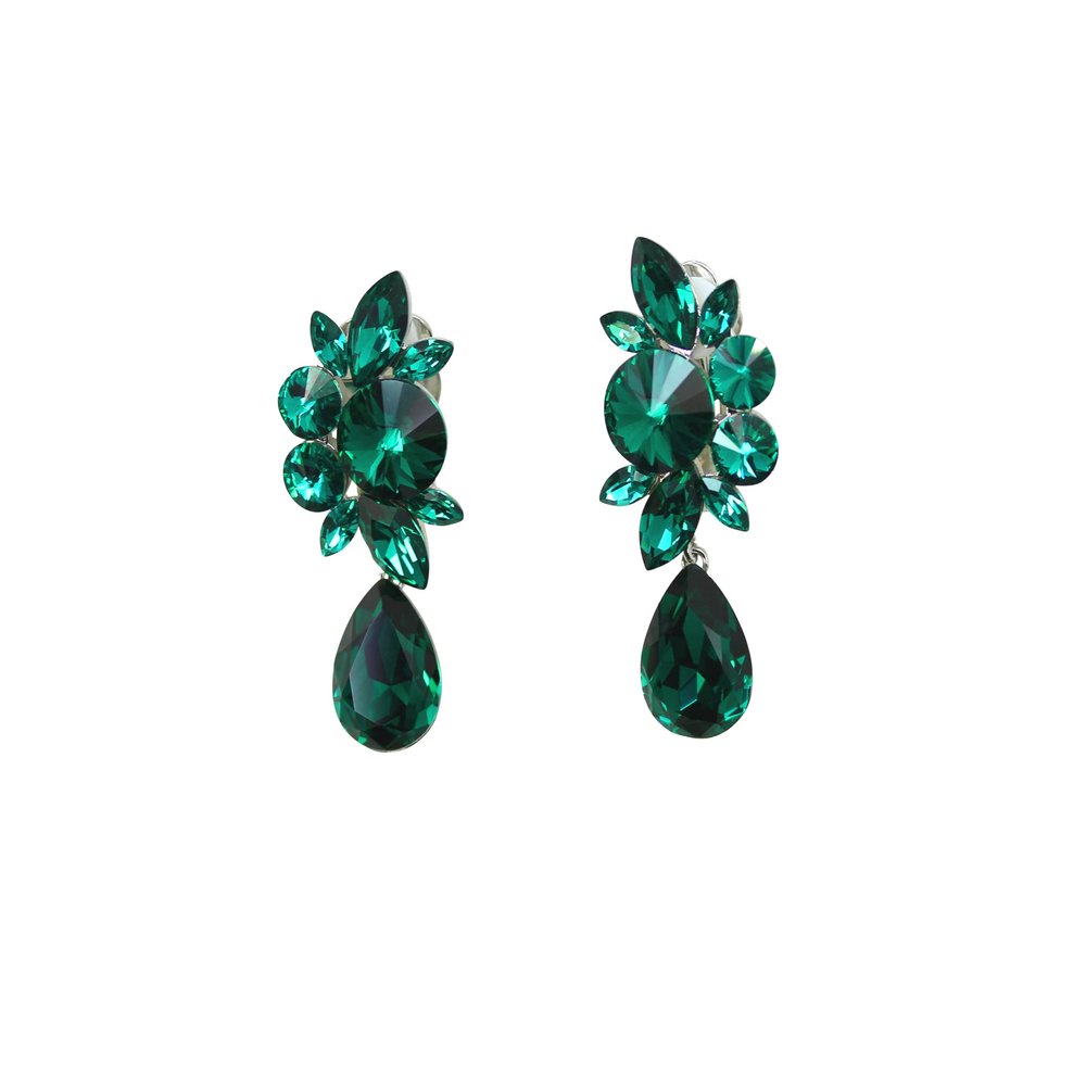 Faship Statement Green Premium Rhinestone Crystal Dangling Floral Clip On Earrings - Green