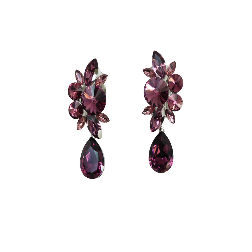 Faship Statement Purple Premium Rhinestone Crystal Dangling Floral Clip On Earrings - Purple