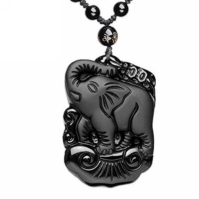 Crystal black Obsidian elephant necklace Amulet pendant with bead chain for wen or women (elephant)