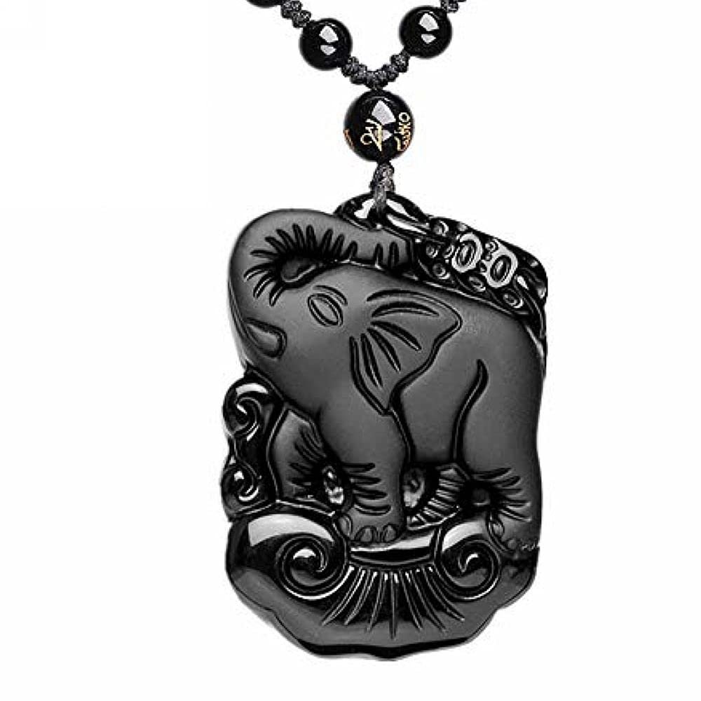 Crystal black Obsidian elephant necklace Amulet pendant with bead chain for wen or women (elephant)