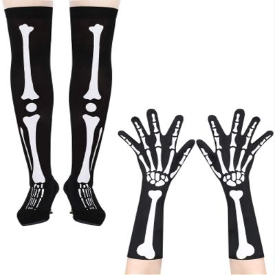 Blulu 2 Pairs Halloween Skeleton Gloves Stockings Set Skeleton Knee Thigh High Stocks and Full Finger Bones Long Arm Gloves