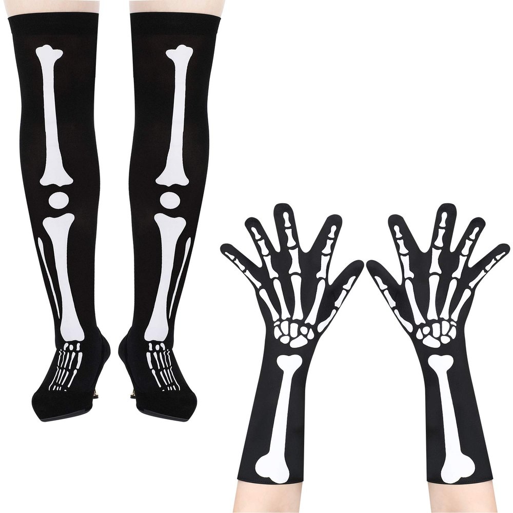 Blulu 2 Pairs Halloween Skeleton Gloves Stockings Set Skeleton Knee Thigh High Stocks and Full Finger Bones Long Arm Gloves