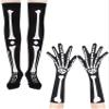 Blulu 2 Pairs Halloween Skeleton Gloves Stockings Set Skeleton Knee Thigh High Stocks and Full Finger Bones Long Arm Gloves view 1