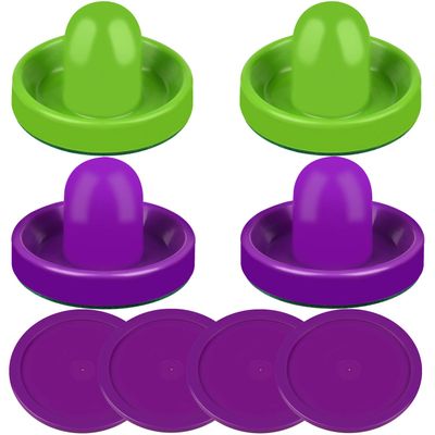 ONE250 Air Hockey Pushers and Purple Air Hockey Pucks, Goal Handles Paddles Replacement Accessories for Game Tables (4 Striker, 4 Puck Pack) (Purple & Green)