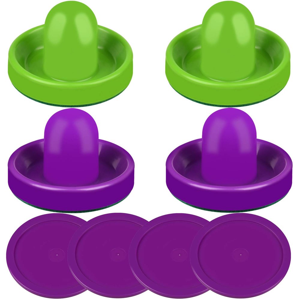 ONE250 Air Hockey Pushers and Purple Air Hockey Pucks, Goal Handles Paddles Replacement Accessories for Game Tables (4 Striker, 4 Puck Pack) (Purple & Green)
