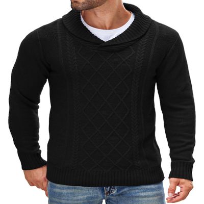 COOFANDY Men's Shawl Collar Sweaters V-Neck Relaxed Fit Cable Pullovers Black