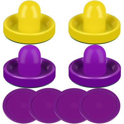 ONE250 Air Hockey Pushers and Purple Air Hockey Pucks, Goal Handles Paddles Replacement Accessories for Game Tables (4 Striker, 4 Puck Pack) (Purple & Yellow)
