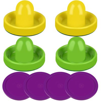 Air Hockey Pushers and Purple Air Hockey Pucks, Goal Handles Paddles Replacement Accessories for Game Tables (4 Striker, 4 Puck Pack) (Yellow & Green)