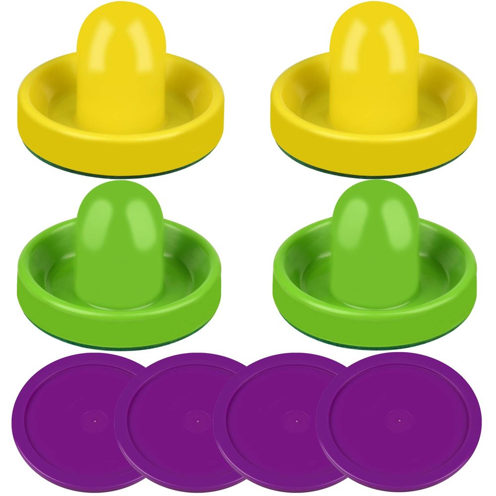 Air Hockey Pushers and Purple Air Hockey Pucks, Goal Handles Paddles Replacement Accessories for Game Tables (4 Striker, 4 Puck Pack) (Yellow & Green)
