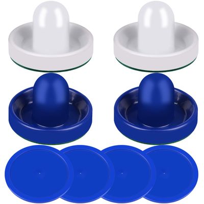 ONE250 Air Hockey Pushers and Blue Air Hockey Pucks, Goal Handles Paddles Replacement Accessories for Game Tables (4 Striker, 4 Puck Pack) (White & Blue)