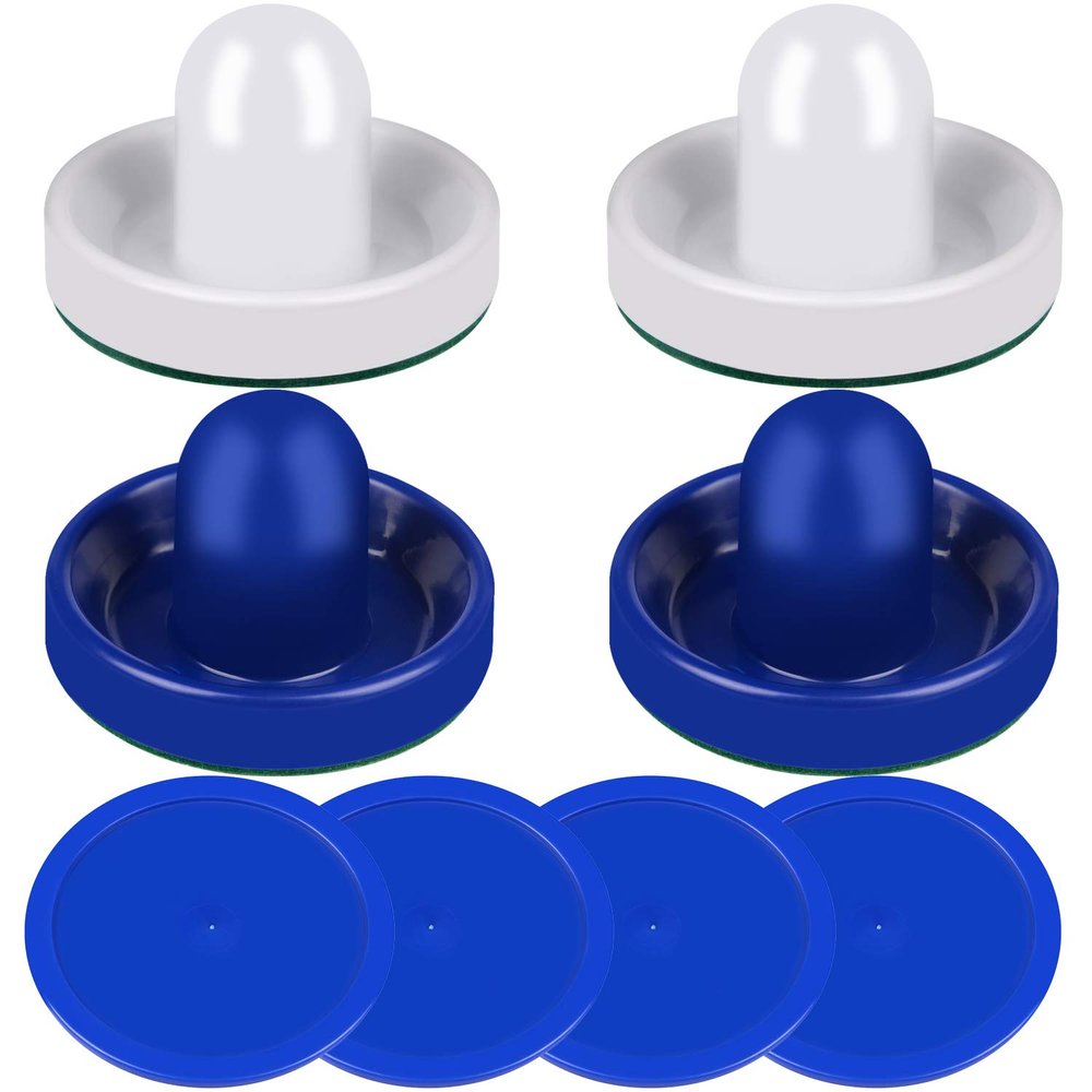 ONE250 Air Hockey Pushers and Blue Air Hockey Pucks, Goal Handles Paddles Replacement Accessories for Game Tables (4 Striker, 4 Puck Pack) (White & Blue)