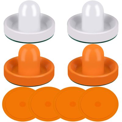 ONE250 Air Hockey Pushers and Orange Air Hockey Pucks, Goal Handles Paddles Replacement Accessories for Game Tables (4 Striker, 4 Puck Pack) (White & Orange)