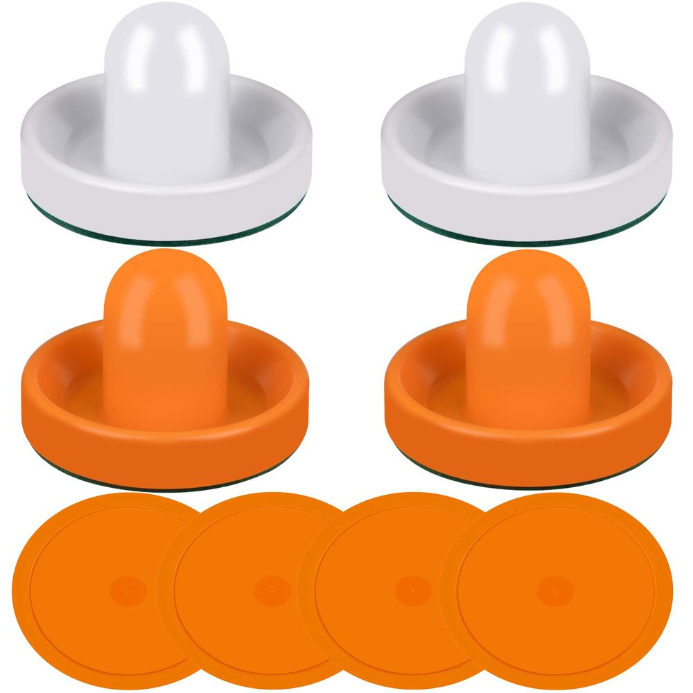 ONE250 Air Hockey Pushers and Orange Air Hockey Pucks, Goal Handles Paddles Replacement Accessories for Game Tables (4 Striker, 4 Puck Pack) (White & Orange)