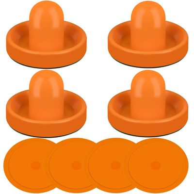 ONE250 Air Hockey Pushers and Orange Air Hockey Pucks, Goal Handles Paddles Replacement Accessories for Game Tables (4 Striker, 4 Puck Pack) (Orange)