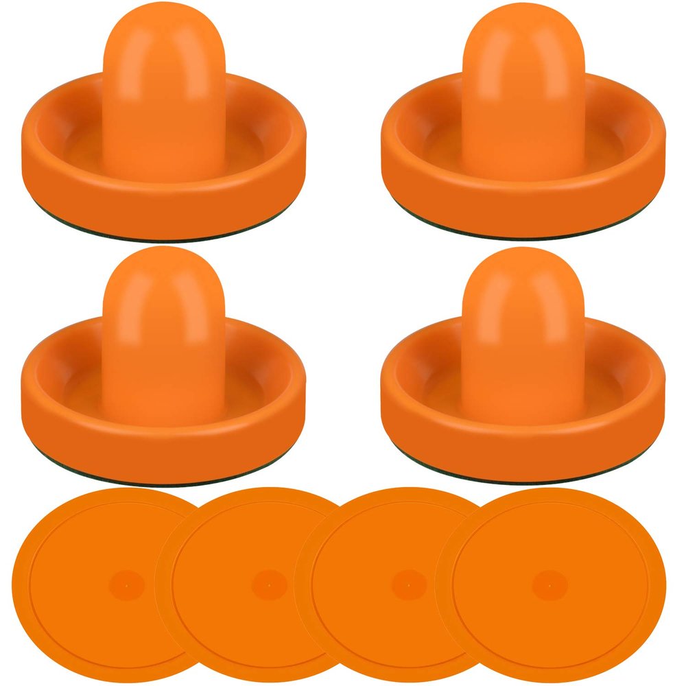 ONE250 Air Hockey Pushers and Orange Air Hockey Pucks, Goal Handles Paddles Replacement Accessories for Game Tables (4 Striker, 4 Puck Pack) (Orange)