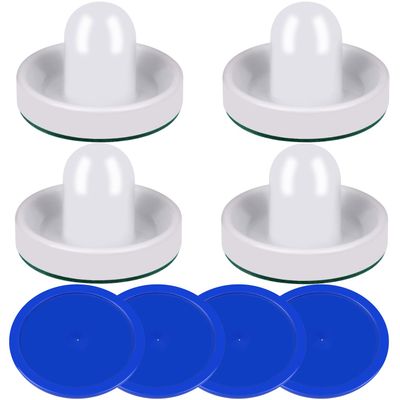 ONE250 Air Hockey Pushers and Blue Air Hockey Pucks, Goal Handles Paddles Replacement Accessories for Game Tables (4 Striker, 4 Puck Pack) (White)