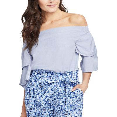 Rachel Roy Womens Layered Bell Off The Shoulder Blouse, Blue, Medium