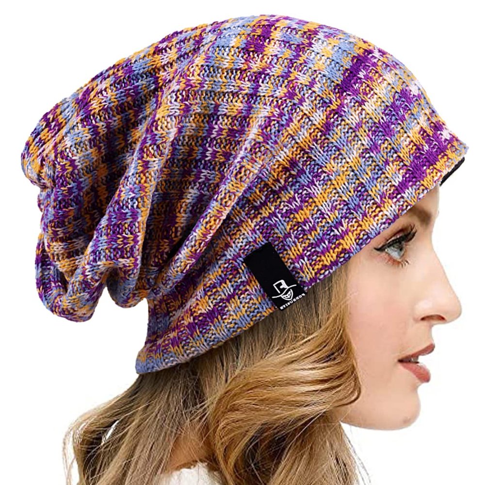 VECRY Womens Knit Slouchy Beanie Ribbed Baggy Skull Cap Turban Winter Summer Beret Hat (Purple/Yellow/White)