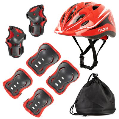 Adjustable Protective Helmet Kids Protective Gear Knee Elbow Pads Wrist Guard Outdoor Sports Safety Bike Scooters Skateboards (Red)