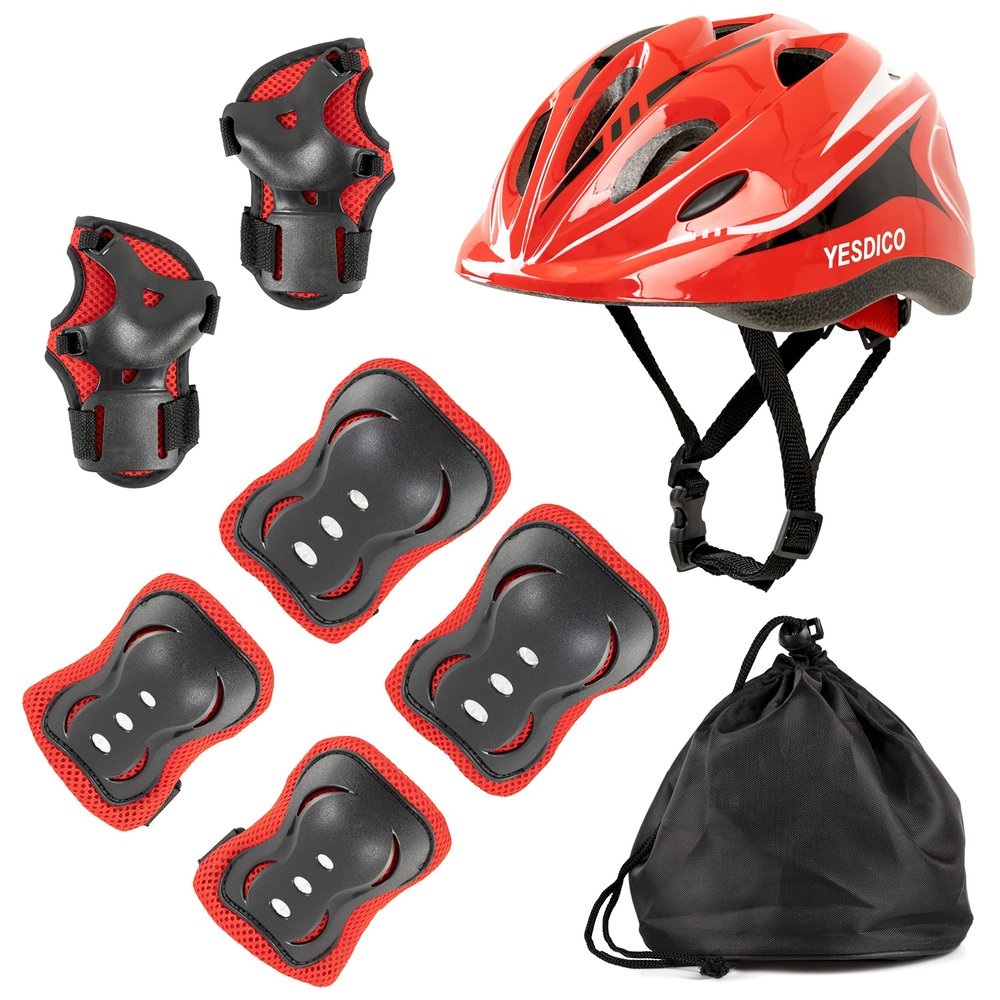 Adjustable Protective Helmet Kids Protective Gear Knee Elbow Pads Wrist Guard Outdoor Sports Safety Bike Scooters Skateboards (Red)