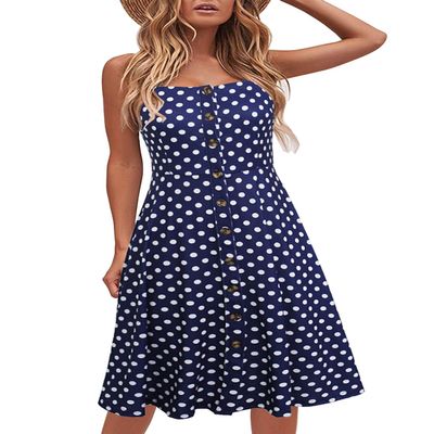 Berydress Women's Casual Beach Summer Dresses Solid Cotton Flattering A-Line Spaghetti Strap Button Down Midi Sundress (S, 6046-Navy Dot)