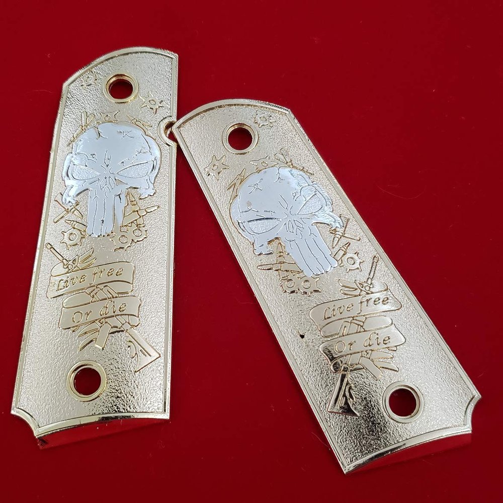 1911 Grips Live Free Or die Full Size Government Ambi Cut Gold Plated
