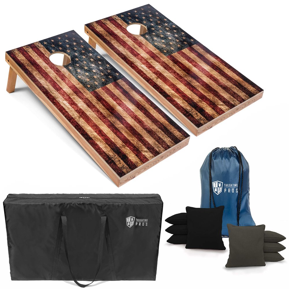 Tailgating Pros Rustic American Flag Cornhole Boards w/Bean Bags - 4'x2' Distressed Flag Cornhole Game w/Carrying Case & Corn Hole Bags Black/Charcoal