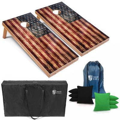 Tailgating Pros Rustic American Flag Cornhole Boards w/Bean Bags - 4'x2' Distressed Flag Cornhole Game w/Carrying Case & Corn Hole Bags