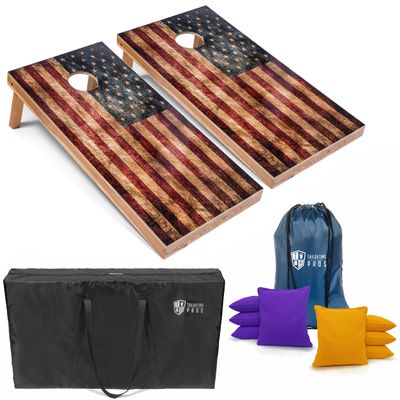 Tailgating Pros Rustic American Flag Cornhole Boards w/Bean Bags - 4'x2' Distressed Flag Cornhole Game w/Carrying Case & Corn Hole Bags