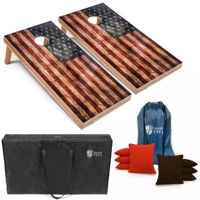 Tailgating Pros Rustic American Flag Cornhole Boards w/Bean Bags - 4'x2' Distressed Flag Cornhole Game w/Carrying Case & Corn Hole Bags