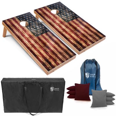 Tailgating Pros Rustic American Flag Cornhole Boards w/Bean Bags - 4'x2' Distressed Flag Cornhole Game w/Carrying Case & Corn Hole Bags