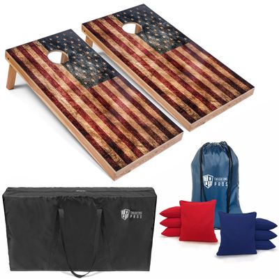 Tailgating Pros Rustic American Flag Cornhole Boards w/Bean Bags - 4'x2' Distressed Flag Cornhole Game w/Carrying Case & Corn Hole Bags
