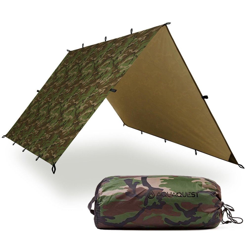 AquaQuest Defender Tarp  HeavyDuty Waterproof (20,000 mm) SeamTaped Rain Fly for Camping, Bushcraft & Survival  107 Woodland Camo
