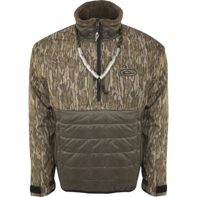 Drake Waterfowl Men's LST Guardian Flex Double Down Waterproof Windproof Insulated 1/4 Zip Eqwader Jacket, Mossy Oak Bottomland, 3X-Large
