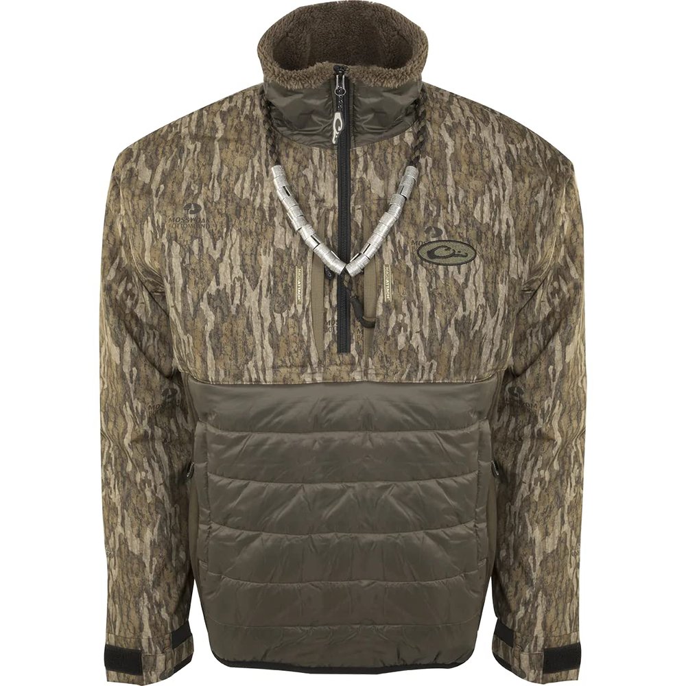 Drake Waterfowl Men's LST Guardian Flex Double Down Waterproof Windproof Insulated 1/4 Zip Eqwader Jacket, Mossy Oak Bottomland, 3X-Large