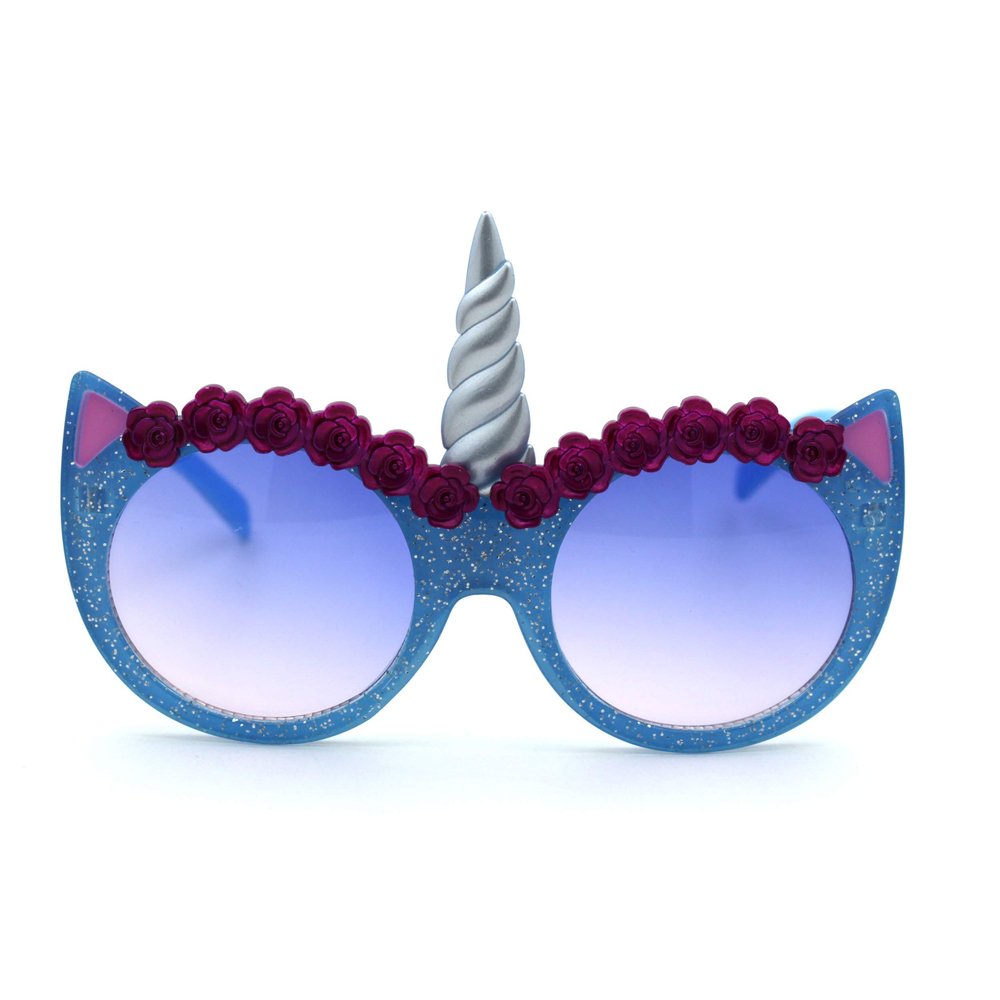 SA106 Girls Child Size Flower Trim Unicorn Kitty Ear Plastic Round Sunglasses All Blue