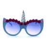 SA106 Girls Child Size Flower Trim Unicorn Kitty Ear Plastic Round Sunglasses All Blue view 1