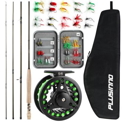 PLUSINNO Fly Fishing Rod and Reel Combo, 4 Piece Lightweight Ultra-Portable Graphite Fly Rod 5/6 9 Complete Starter Package with Carrier Bag