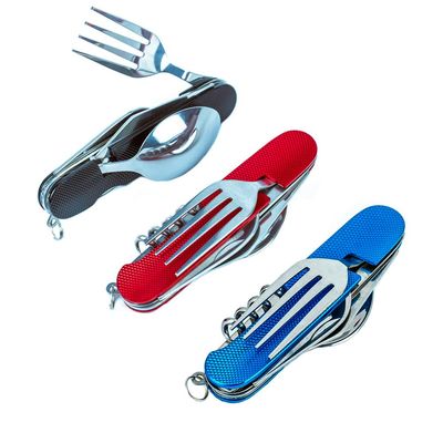 6-in-1 Multi-Function Camping Utensil Flatware Set Detachable Spoon Fork Knife Combo Mess Kit with Carrying Pouch(Black + Blue + Red)