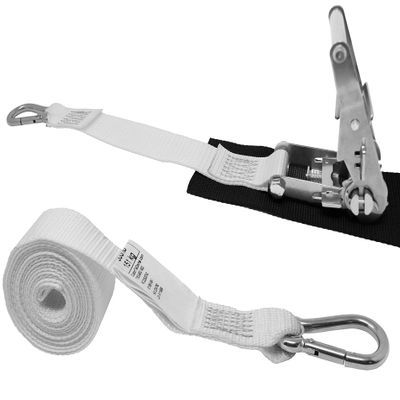 CustomTieDowns 1.5 Inch x 10 Foot Stainless Steel Ratchet Strap, Protective Pad Under Buckle, Stainless Steel Carabiner Clip with Grommet On Both Ends (not Removable). (White)