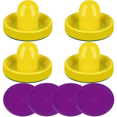 ONE250 Air Hockey Pushers and Purple Air Hockey Pucks, Goal Handles Paddles Replacement Accessories for Game Tables (4 Striker, 4 Puck Pack) (Yellow)